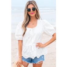White Bow Knot Decor Square Neck Puff Sleeve Peplum Top