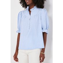 Sky Blue Stripe Ruffled Collar Puff Sleeve Half Buttons Blouse