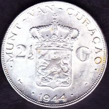 1944 D Curacao (Netherlands Antilles) 2 & Half Gulden Silver Coin