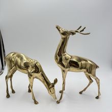 VINTAGE BRASS DEER Pair LARGE 13” Buck 9” DOE Mid Century Solid Retro Sculptures