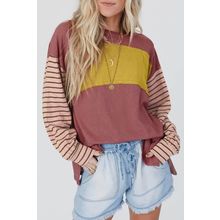 Red Colorblock Striped Bishop Sleeve Top