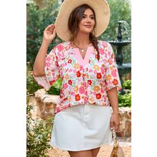 White Floral Split V Neck Wide Short Sleeve Plus Size Blouse Top