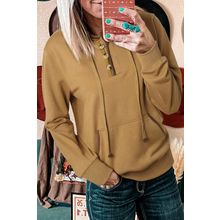 Khaki Drawstring Kangaroo Pocket Henley Hoodie