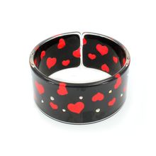 Acrylic Bangle w/ Enamel Hearts & Rhinestones Bracelets - Black -BR-OB00139BLK