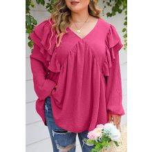 Pink Crinkle Ruffled V Neck Plus Size Blouse