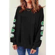 Black Sequin Clover Patched Drop Shoulder Sweatshirt