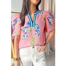 Pink Floral Print Striped Notched V Neck Bubble Sleeve Blouse