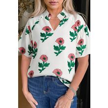 Beige Floral Print Shirred Split Neck Short Sleeve Blouse