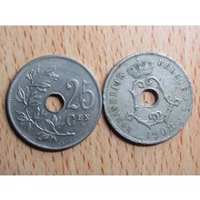 Belgium 1908 25 Centime Belgie (Dutch - Flemish Text) Coin