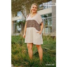 Women's Linen Blend Short Folded Sleeve Animal Print Dress With Pockets