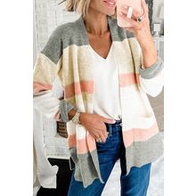 Multicolor Color Block Striped Pocketed Open Cardigan