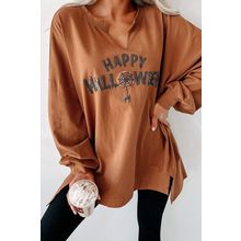 Chestnut Sequin Happy Halloween Graphic Notched Neck Long Sleeve Loose Top