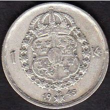1945 Sweden 1 Krona Silver Coin
