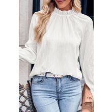 White Frilled Mock Neck Ripple Bubble Sleeve Blouse