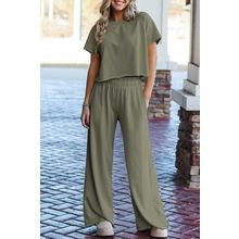 Seagrass Raw Hem Loose Tee and Wide Leg Pants Set