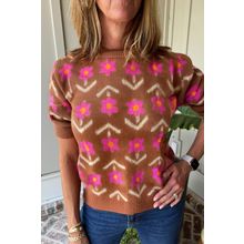 Brown Floral Short Puff Sleeve Sweater