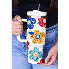 White Flower Pattern Stainless Vacuum Cup with Handle 40oz