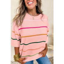Pink Colorblock Striped Half Sleeve Drop Shoulder Sweater