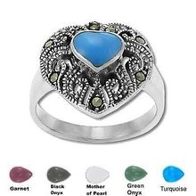 Sterling Silver Genuine 7 Marcasite Heart With Stone Ring