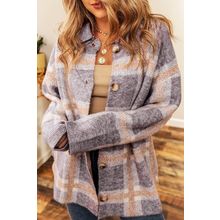 Sky Blue Fuzzy Plaid Collared Button Up Cardigan