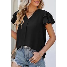 Black V Neck Ruffle Short Sleeve Blouse