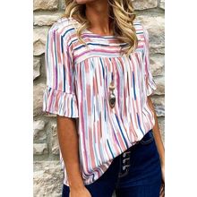 White Multicolor Striped Splash Half Sleeve Blouse