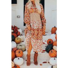 Khaki Floral Print Ruffled Tiered Long Sleeve V Neck Midi Dress