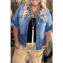 Peacock Blue Ruffled Frayed Short Sleeve Plus Size Denim Jacket