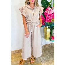 Apricot Textured Ruffled Sleeve Zipped Top and Wide Leg Pants Set