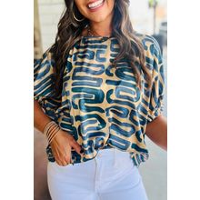 Beige Abstract Print Short Sleeve Loose Top