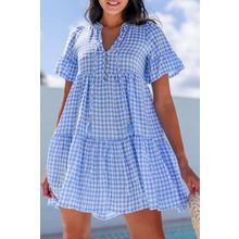 Sky Blue Gingham Short Sleeve Button Tie Split Neck Loose Mini Dress
