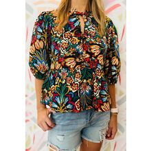 Black Tropical Print Bubble Sleeve Knot Front Blouse