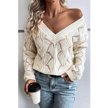 Beige Hollow Out Knit V Neck Drop Shoulder Sweater