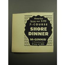 1957 McGinnis' Restaurant Ad - America loves our 3.95 7-course shore dinner