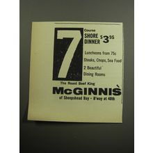 1957 McGinnis' Restaurant Advertisement - 7 course Shore dinner $3.95