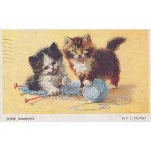 Cat Cats Playing With Blue String Ball Of Little Innocents Needle 1950s Postcard