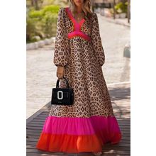 Brown Leopard Color Block V Neck Loose Fit Maxi Dress