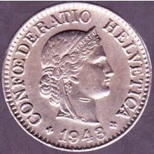 1943 B Switzerland 10 Rappen Coin