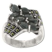 Sterling Silver Genuine 12 Marcasite and 8 Onyx Stone Ring
