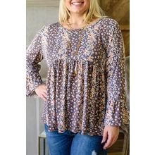 Purple Floral Print Round Neck Plus Size Babydoll Blouse