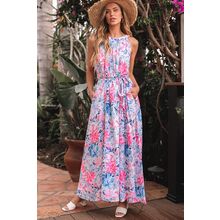 Sky Blue Floral Printed Sleeveless O Neck Knot Waist Maxi Dress
