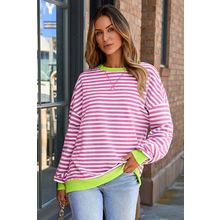 Rose Red Striped Contrast Ribbed Trim Crossed Stitch Drop Shoulder Sweatshirt
