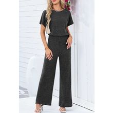 Dark Grey Ribbed Keyhole Short Sleeve Wide Leg Jumpsuit