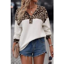 White Leopard Waffle Knit Patchwork Button V Neck Top