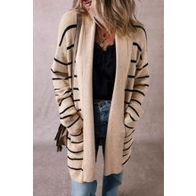 Black Stripe Shawl Neckline Open Cardigan with Pockets