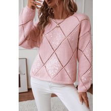 Light Pink Hollowed Rhombus Pattern Sequin Detail Round Neck Sweater