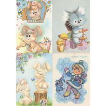 Russian Dancing Rabbits Blue Music Bicycle 4x Postcard s