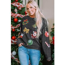 Black Sequined Christmas Graphic Corded Sweatshirt