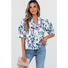 Purple Floral Ricrac Trim Half Sleeve Peplum Top