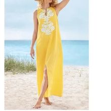 Soft Surroundings Daydream Embroidered Linen Blend Maxi Dress Pocket Yellow Sz.M